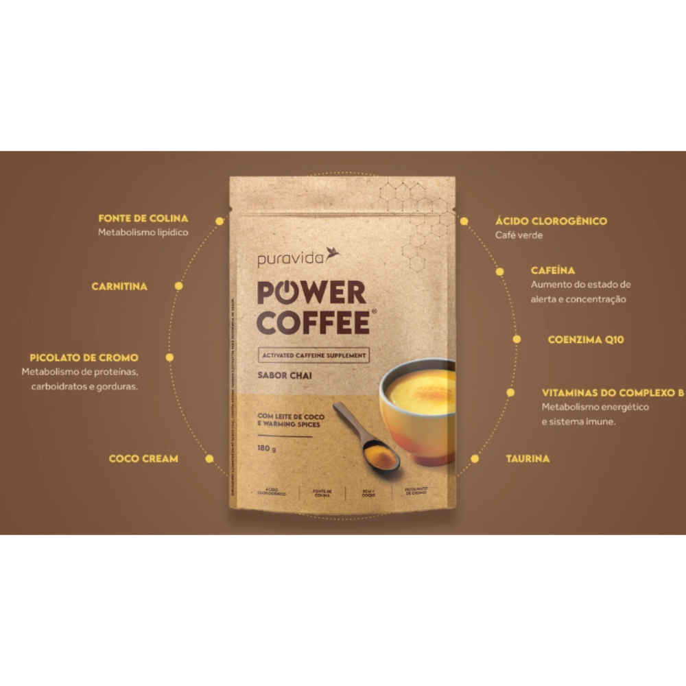 Power Coffee Suplemento de Cafeína Ativada Sabores, 180g-Puravida