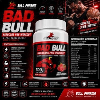 Pré Treino Bad Bull Hardcore, 300g Sabores, Bull Pharma