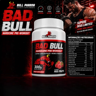 Pré Treino Bad Bull Hardcore, 300g Sabores, Bull Pharma
