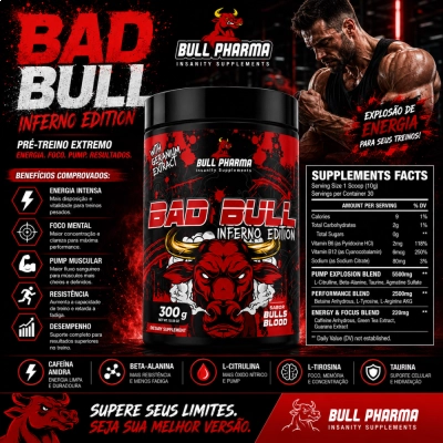 Pré Treino Bad Bull Inferno Edition, 300g Sabor Bulls Blood, Bull Pharma