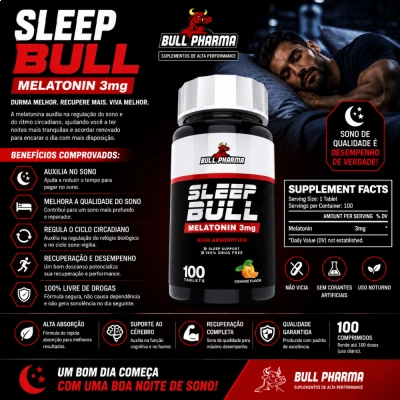 Sleep Bull Melatonina 3mg, 100 Comprimidos Sabor Laranja, Bull Pharma