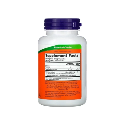 Suplemento de Casca de Canela 600mg, Suporte ao Metabolismo da Glicose e Equilíbrio Metabólico, Cápsulas, Now