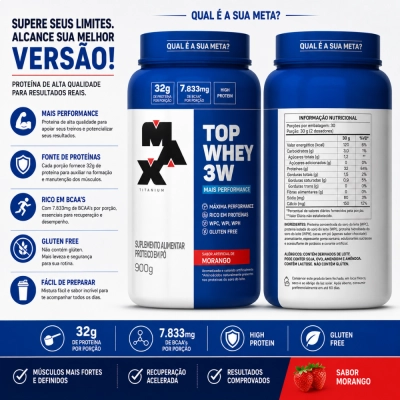 Top Whey 3W + Performance, 900g, Sabor Morango, Titanium