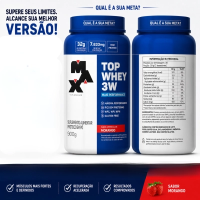 Top Whey 3W + Performance, 900g, Sabor Morango, Titanium