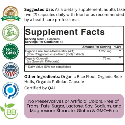 Trans‑Resveratrol 5.000 mg + Quercetina, 90 cápsulas, Purity Labs