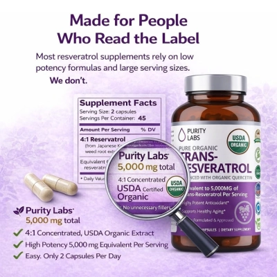 Trans‑Resveratrol 5.000 mg + Quercetina, 90 cápsulas, Purity Labs