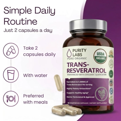 Trans‑Resveratrol 5.000 mg + Quercetina, 90 cápsulas, Purity Labs