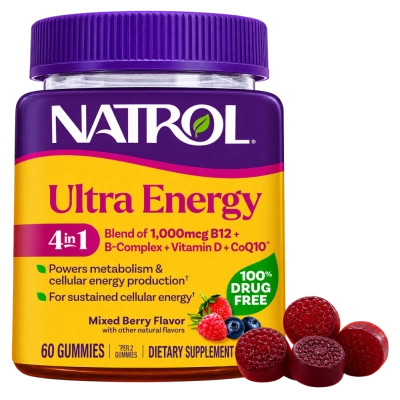 Ultra Energy 4 em 1, com B12, Complexo B, Vitamina D e CoQ10, 60 Gomas Sabor Mirtilo, Natrol 