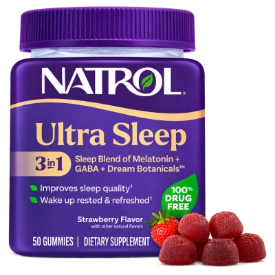 Ultra Sleep 3 em 1, Melatonina  5mg, Gaba e Extratos Botânicos, 50 Gomas Sabor Morango, Natrol 