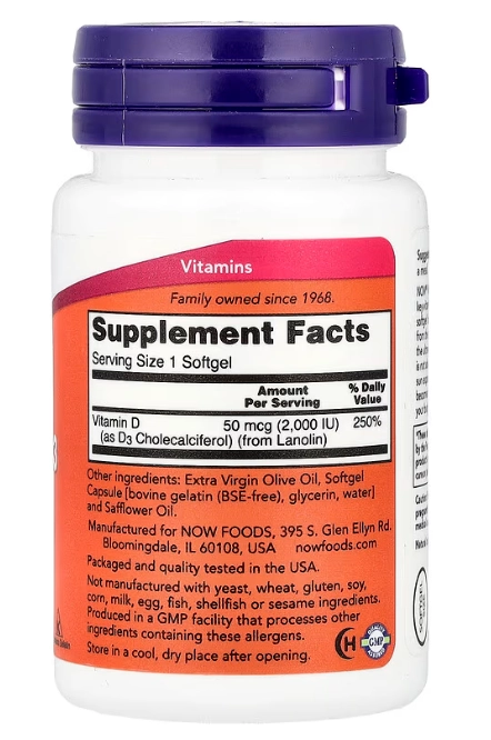 Vitamin D3 2000IU, 30 Softgels, Now