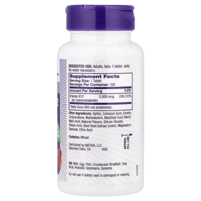 Vitamina B-12, 5.000mcg, 100 Tabletes Dissolução Rápida, Natrol