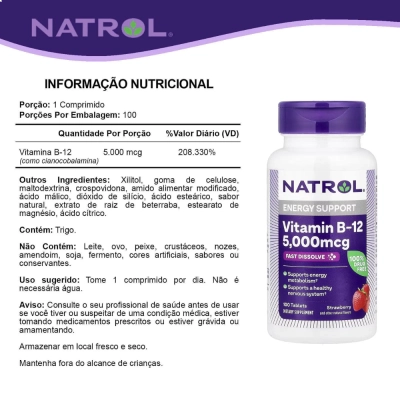 Vitamina B-12, 5.000mcg, 100 Tabletes Dissolução Rápida, Natrol