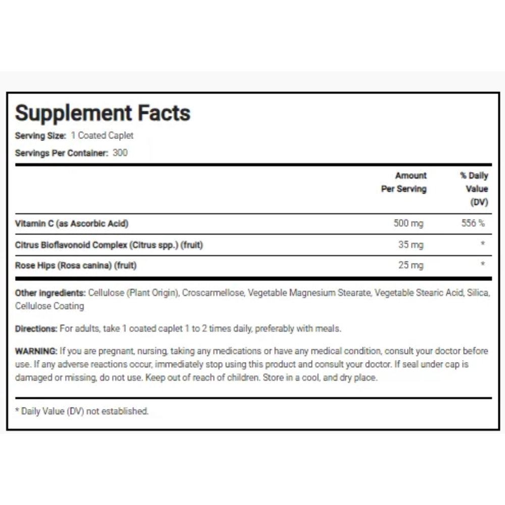 Vitamina C 500mg com Rosa Mosqueta e Bioflavonoides, 300 Cápsulas, PipingRock