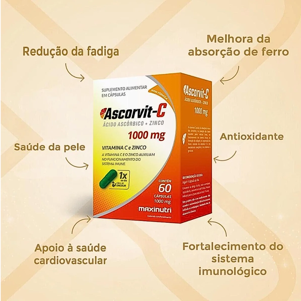 Vitamina C, Ascorvit-C 1000mg, 60 Cápsulas, Maxinutri