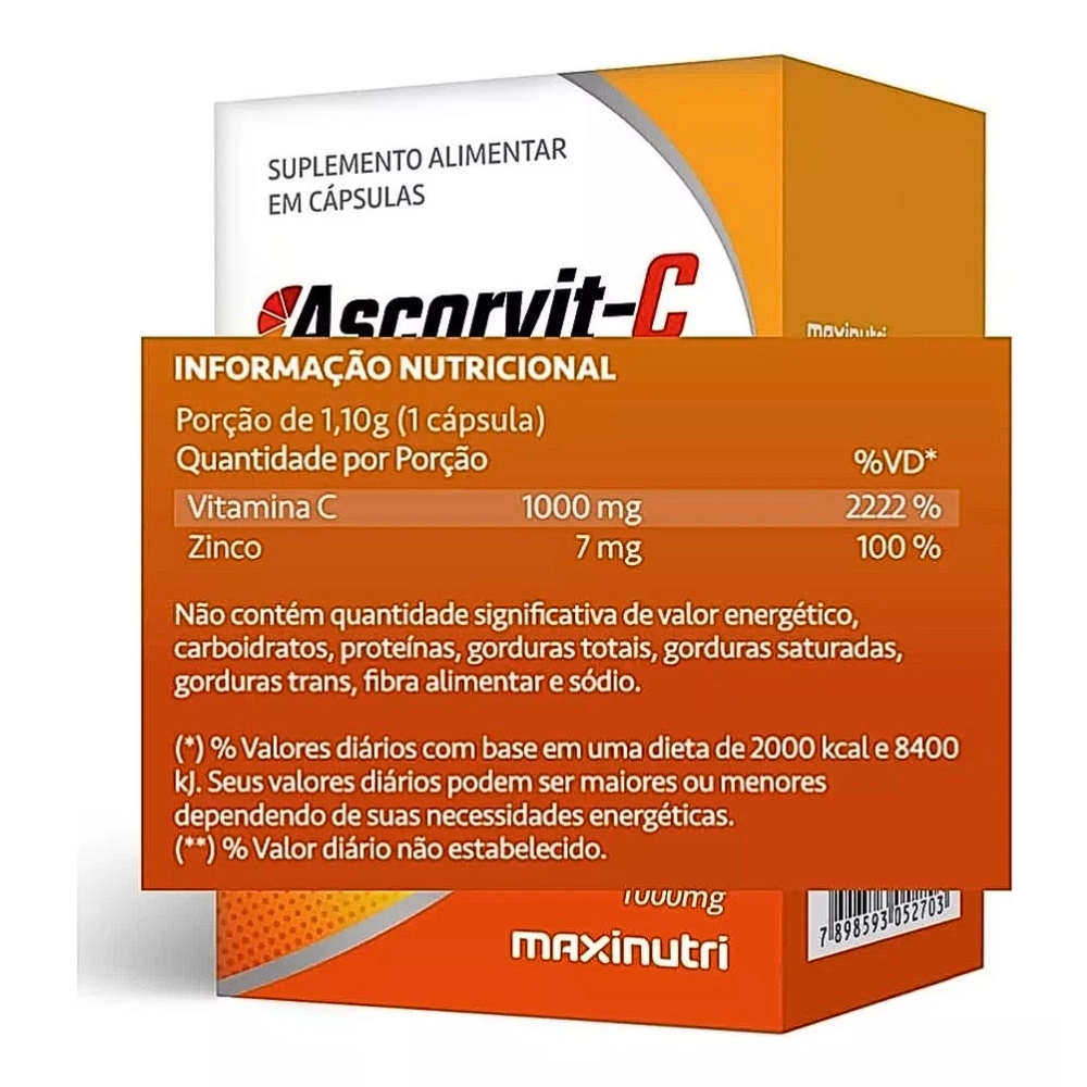 Vitamina C, Ascorvit-C 1000mg, 60 Cápsulas, Maxinutri