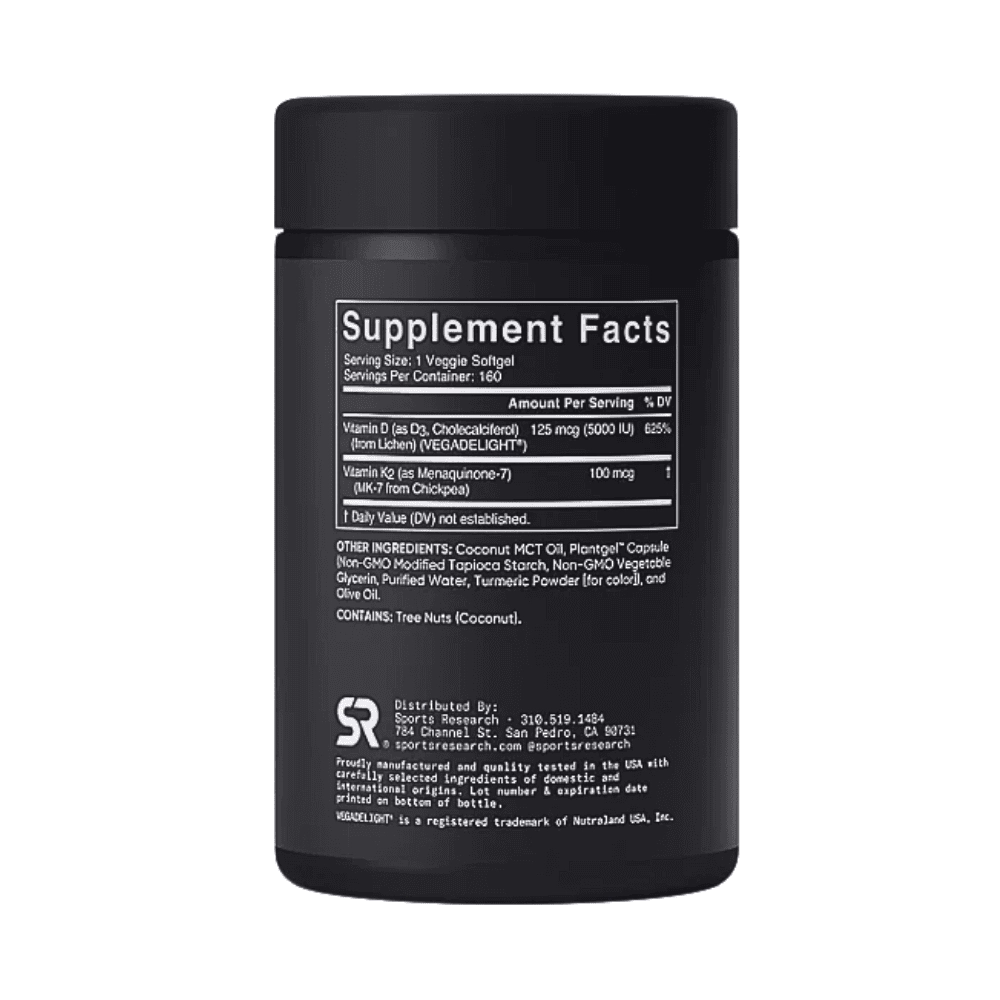 Vitamina D3 5000IU  + K-2 MK-7 100mg,  160 Cápsulas, Sports Research