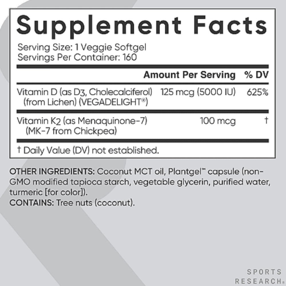 Vitamina D3 5000IU  + K-2 MK-7 100mg,  160 Cápsulas, Sports Research