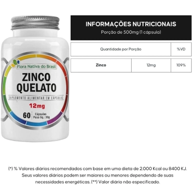 Zinco Quelato, 12mg, 60 Cápsulas, Flora Nativa do Brasil