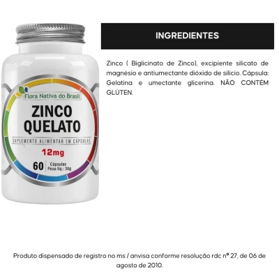 Zinco Quelato, 12mg, 60 Cápsulas, Flora Nativa do Brasil