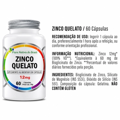 Zinco Quelato, 12mg, 60 Cápsulas, Flora Nativa do Brasil